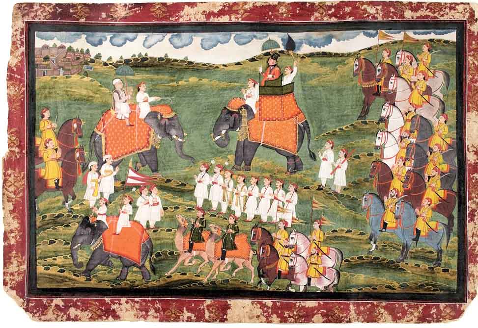 Col. James Tod and Guru Gyanchandra riding elephants near Udaipur